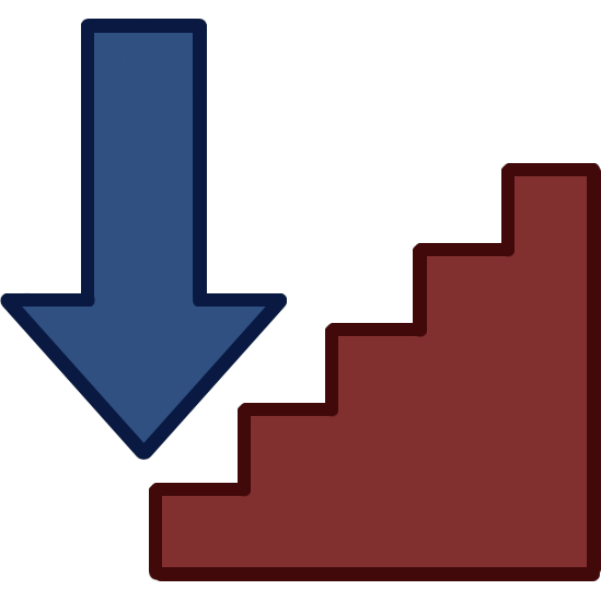a red staircase with 5 steps. the staircase has a darker red outline. next to the staircase is a blue arrow, pointing downwards.